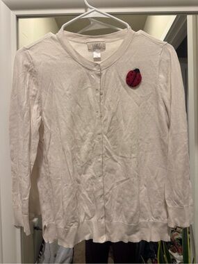 LOFT Cream Cardigan with Red Ladybug Brooch